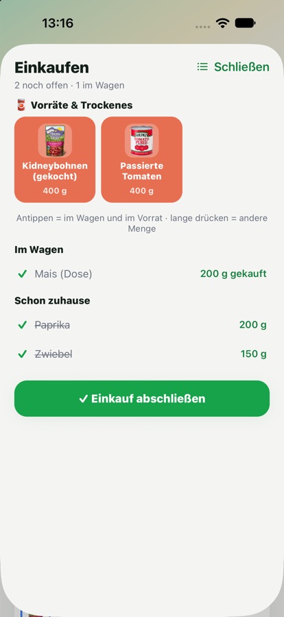 Einkaufsmodus mit Kacheln