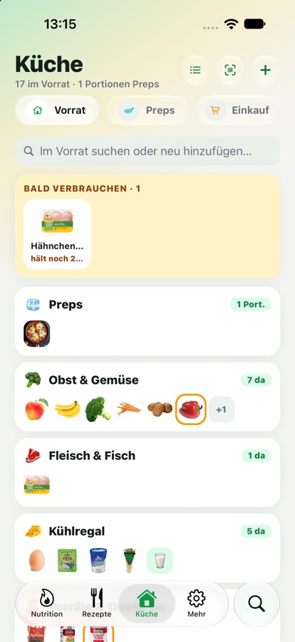 Küche mit Vorrat und „Bald verbrauchen“